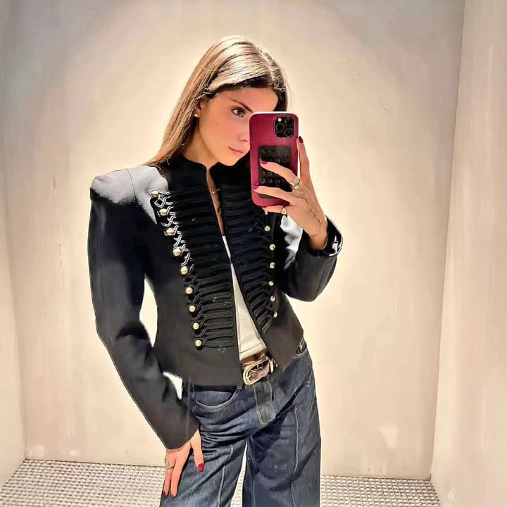 Damen nan militärisch inspirierte Kurzjacke mit Stehkragen und Zierkordeln Drune