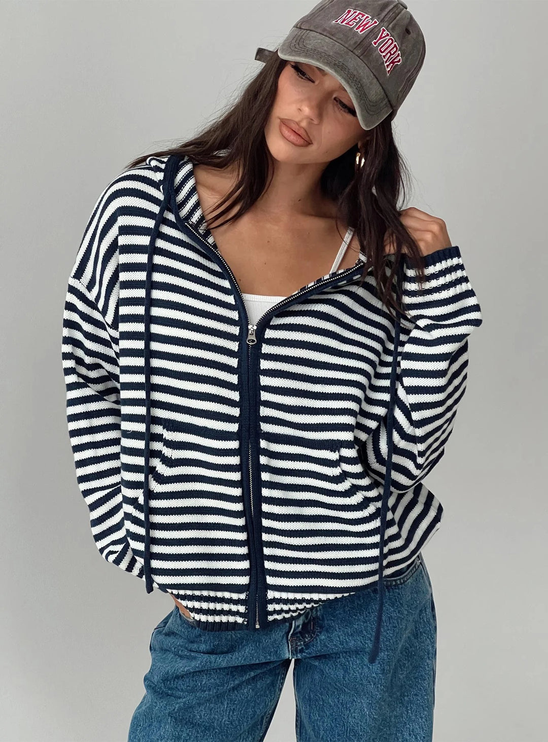 Damen lässige gestreifte Strickjacke mit durchgehendem Reißverschluss Drune