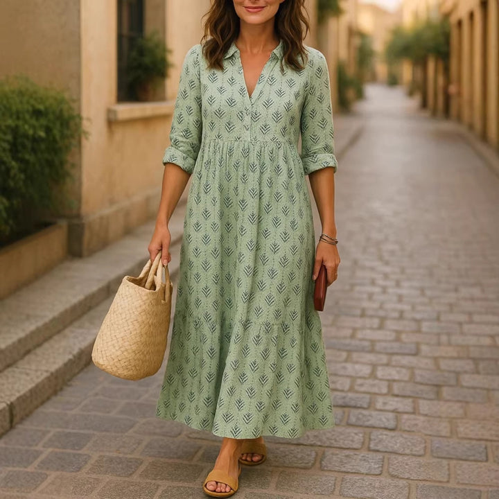 Damen Maxikleid mit elegantem Kragen und floralen Mustern Drune