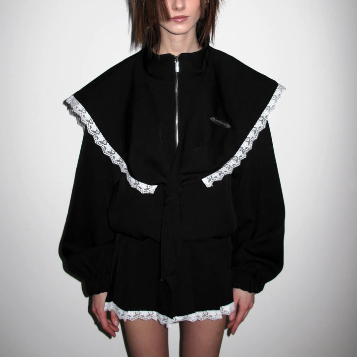 Damen Oversized Jacke mit dekorativem Spitzenkragen und bindbarem Gürtel Drune