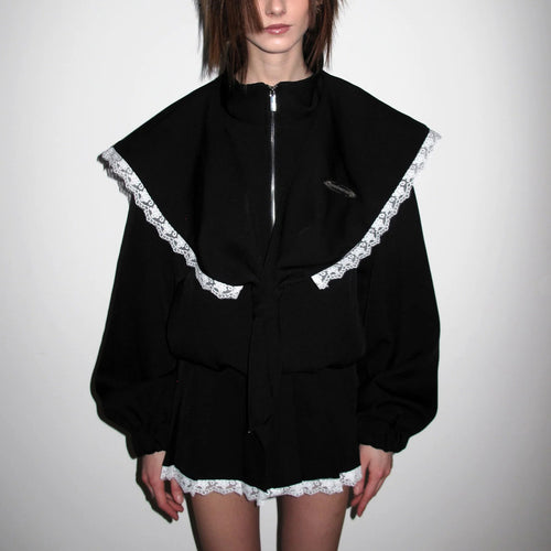Damen Oversized Jacke mit dekorativem Spitzenkragen und bindbarem Gürtel Drune