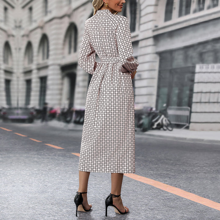 Damen Langarm-Hemd-Kleid mit taillierbarem Bindegürtel und modischem Muster Drune