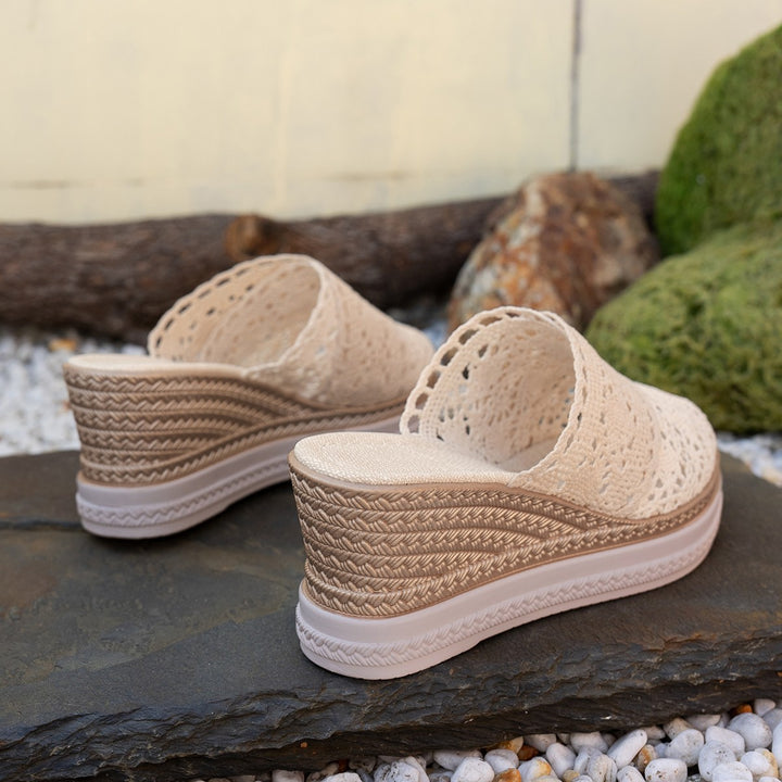 Damen  gehäkelte Plateau-Mules mit Jute-Optik Keilsohle und atmungsaktivem Komfortfutter Drune