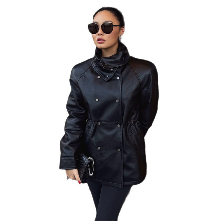 Damen Modische Kunstlederjacke mit hohen Kragen und praktischen Taschen Drune