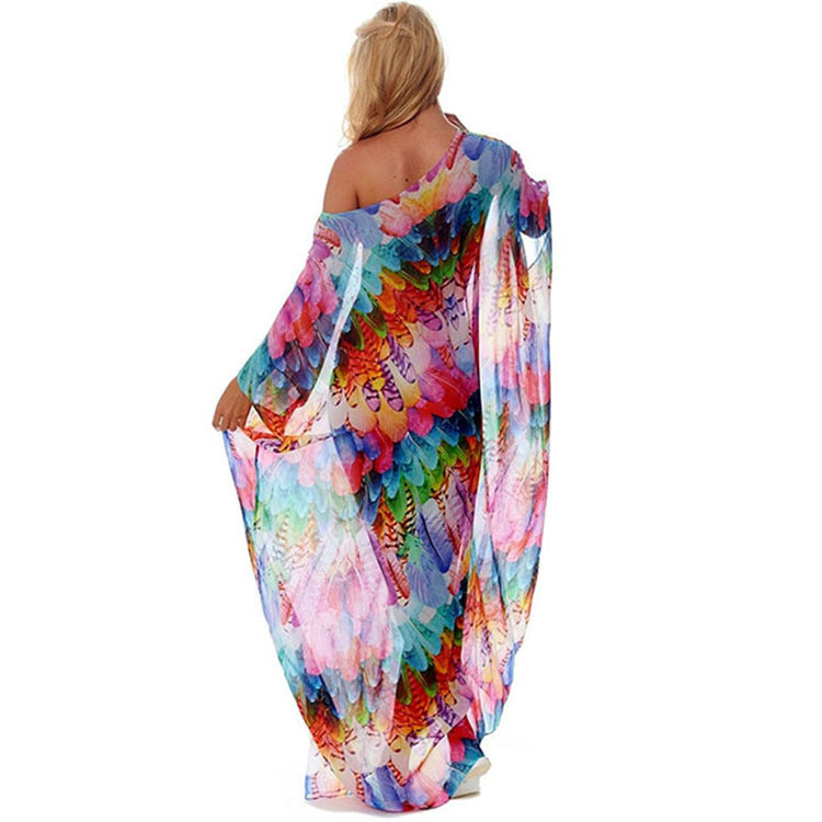 Damen Strandkaftan mit buntem Federdesign und luftigem Schnitt Drune
