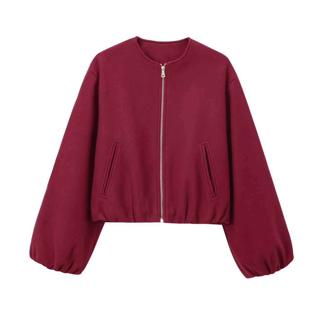 Damen nan kurze Oversize Wollblouson mit Reißverschluss, Ballonärmeln und elastischem Saum Drune