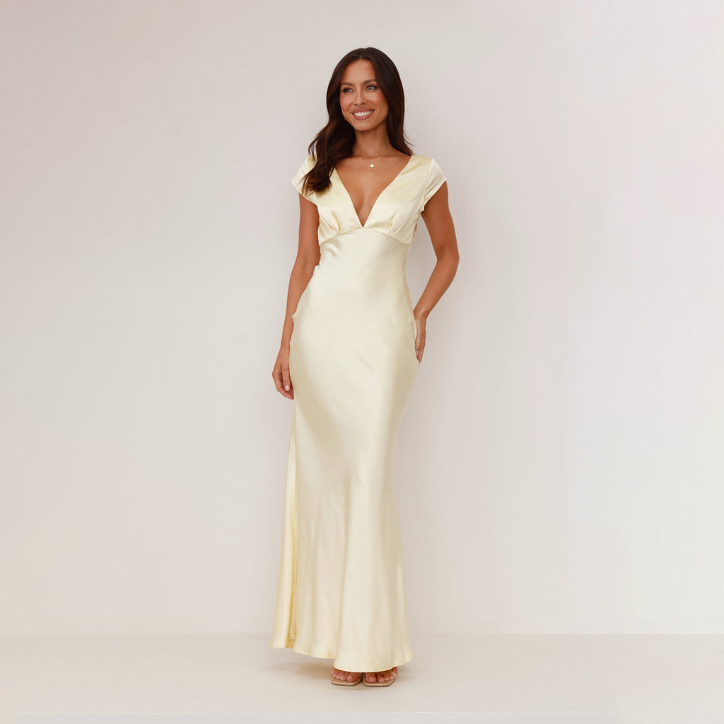 Damen Elegantes Maxikleid mit tiefem V-Ausschnitt und fließendem Satinfall Drune