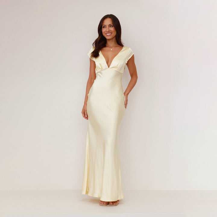 Damen Elegantes Maxikleid mit tiefem V-Ausschnitt und fließendem Satinfall Drune