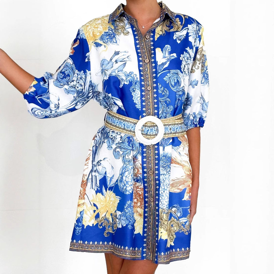 Damen modisches Blumenkleid mit Gürtel Drune