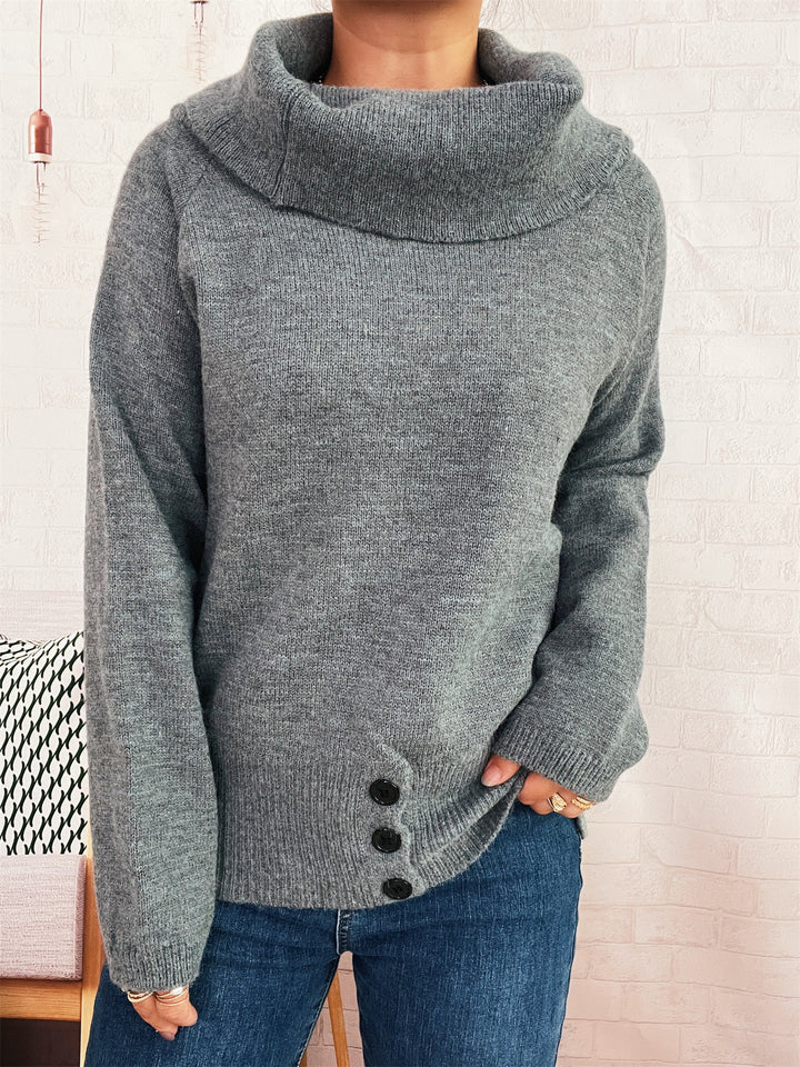 Damen Pullover mit weichem Kragen und dekorativen Knöpfen Drune