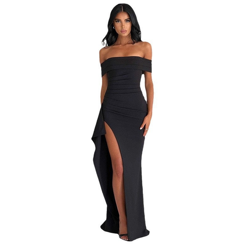 Damen Elegantes Off-Shoulder Maxikleid mit hohem Schlitz und Drapierungen Drune
