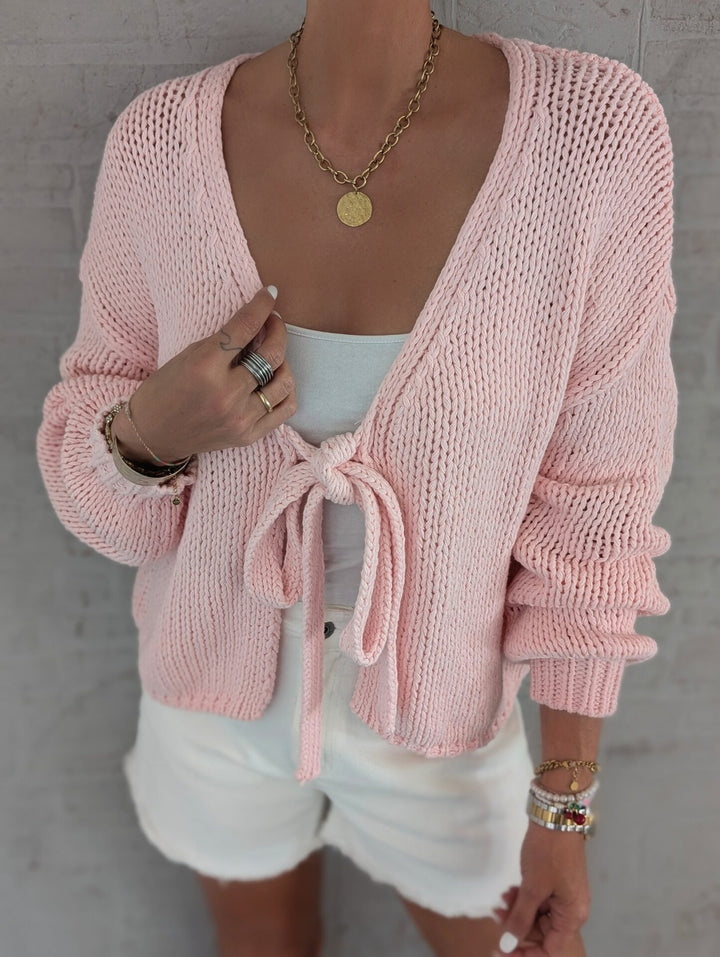 Damen lässige Strickjacke mit Bindeverschluss und weiten Ärmeln Drune