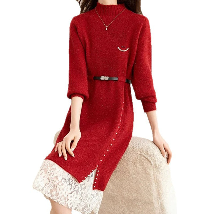 Damen Strickkleid mit dekorativen Knopfdetails und Spitze Drune
