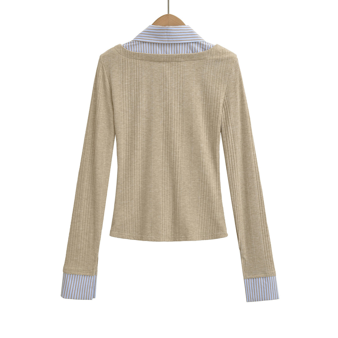Damen Langarmshirt mit eleganter Knopfleiste und Streifenmustern Drune