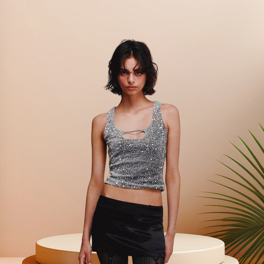Damen Glitzerndes Crop-Top mit schimmerndem Effekt und scoop-cut Ausschnitt Drune