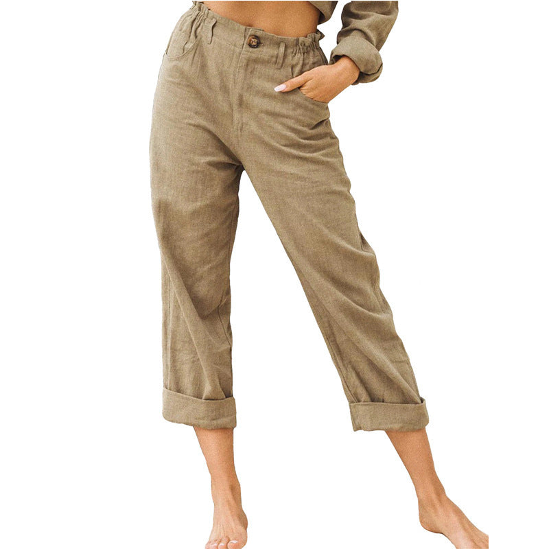 Damen lässige Leinenhose mit elastischem Bund Drune
