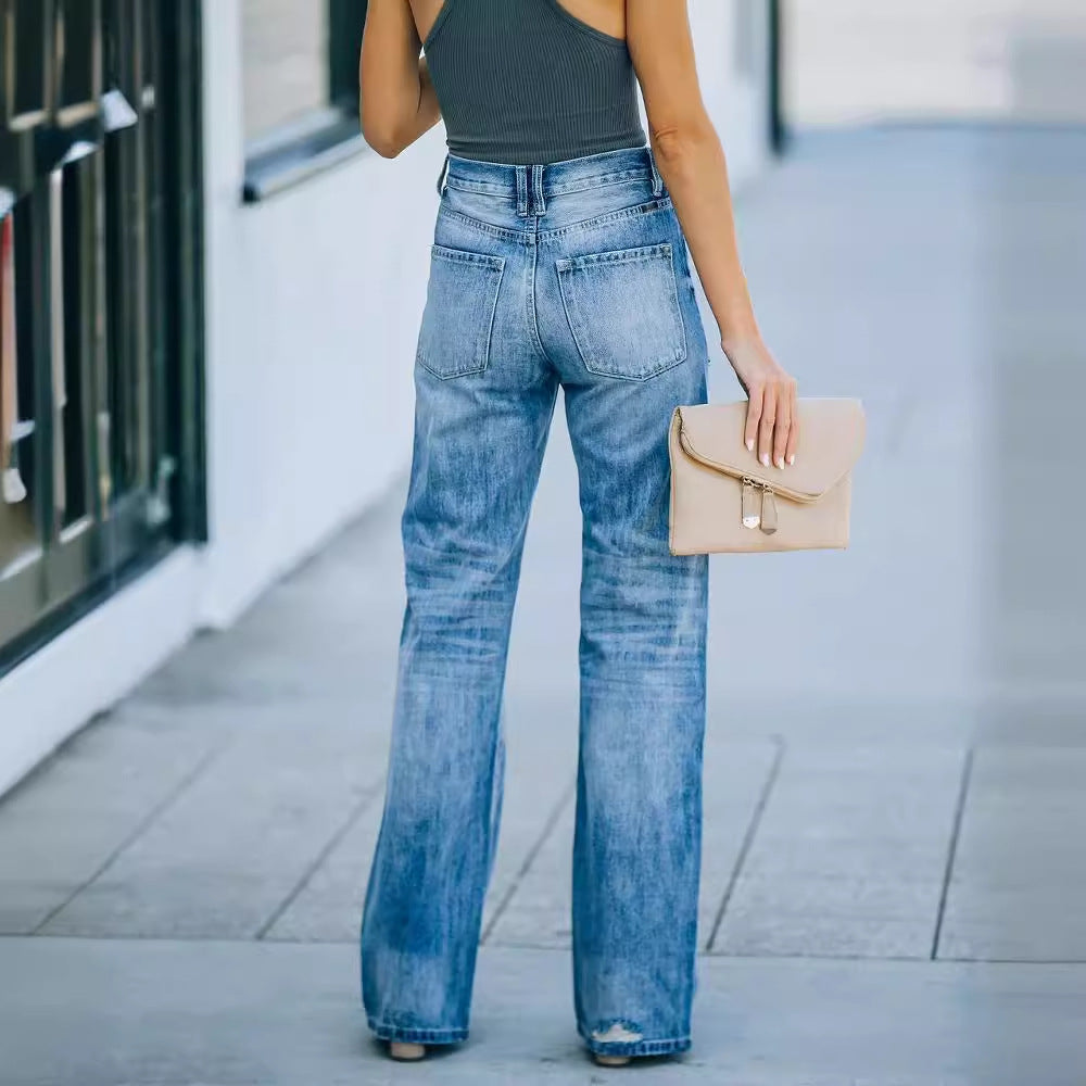 Damen Weit geschnittene Jeans mit Distressed-Effekten und hohem Bund Drune