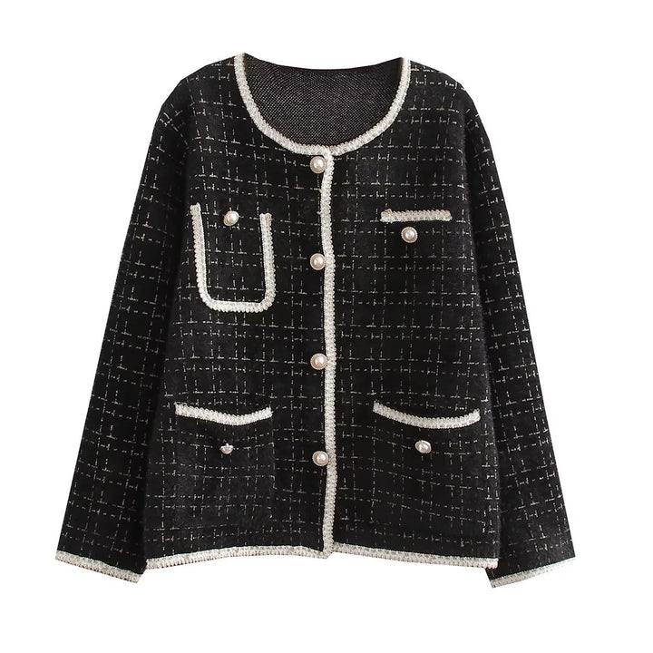 Damen Strukturierte Bouclé-Jacke mit dekorativen Perlen und Taschen Drune