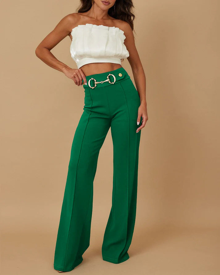 Damen weite Hochtaillenhose mit dekorativem Gürtel und eleganter Nahtführung Drune