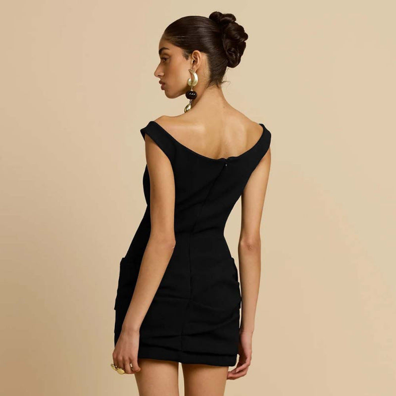 Damen elegante Off-Shoulder Minikleid mit tiefem V-Ausschnitt und gerafftem Saum Drune