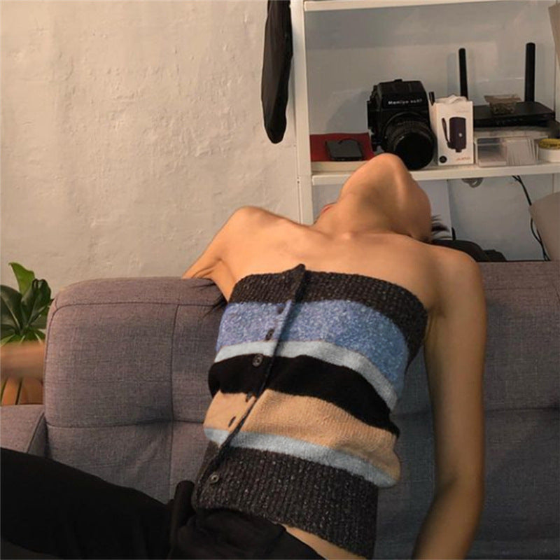 Damen Bandeau-Top mit bunten Streifen und dekorativen Knöpfen Drune