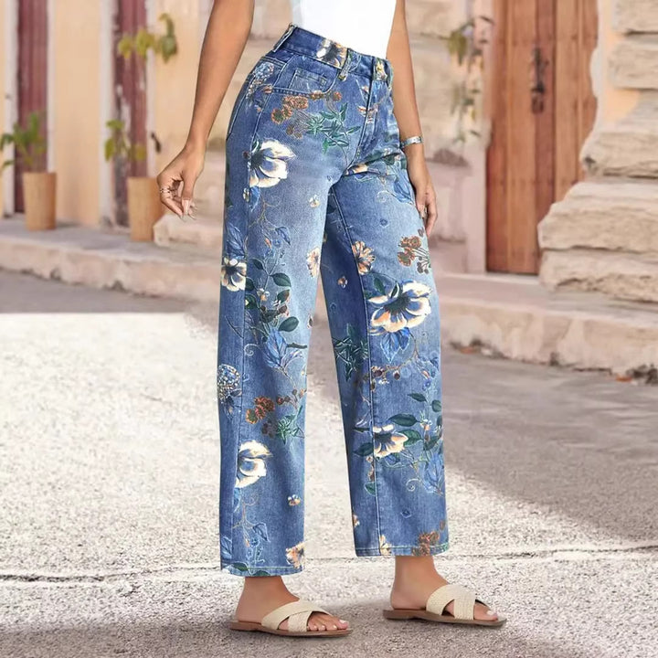 Damen Weit geschnittene Jeans mit floralem Druck und hohem Bund Drune