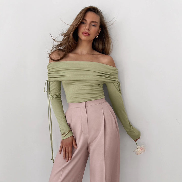 Damen Off-Shoulder Bluse mit Raffungen und langen Ärmeln Drune