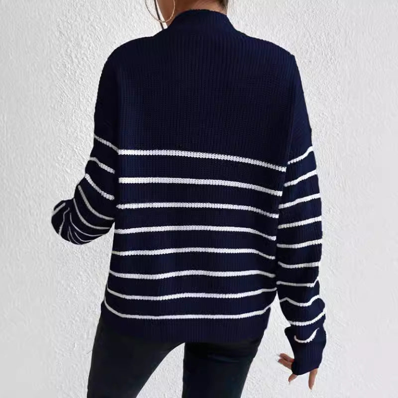 Damen Grob gestrickter Pullover mit Reißverschluss und breitem Streifenmuster Drune