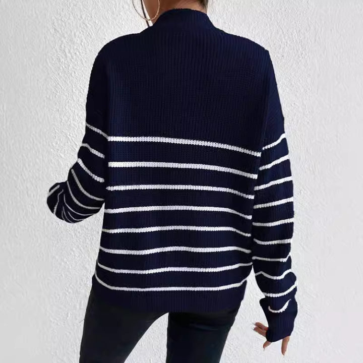Damen Grob gestrickter Pullover mit Reißverschluss und breitem Streifenmuster Drune