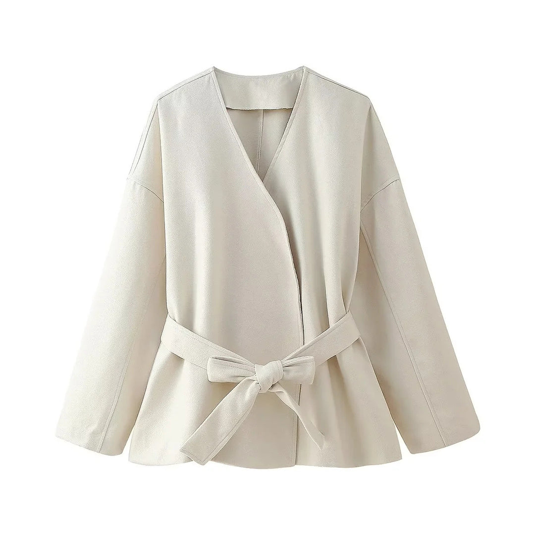 Damen trendige Wickeljacke aus weichem Stoff mit Gürtel und langen Ärmeln Drune