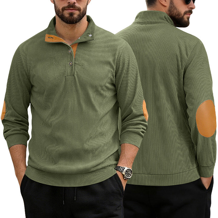 Herren nan lässiger Strukturpullover mit Polokragen, kurzer Knopfleiste und veganen Lederbesätzen Drune
