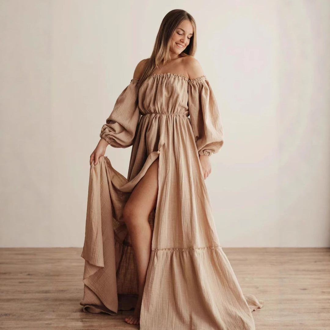 Damen Bohemian Off-Shoulder Maxi Kleid Drune