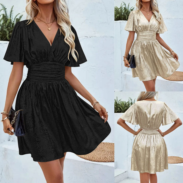Damen Wickelkleid mit tiefem V-Ausschnitt und voluminösen Ärmeln Drune