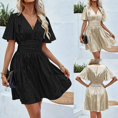 Damen Wickelkleid mit tiefem V-Ausschnitt und voluminösen Ärmeln Drune