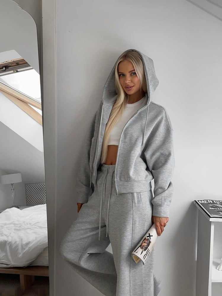 Damen nan cropped Kapuzenjacke mit durchgehendem Reißverschluss und taillenhoher Jogginghose Set Drune