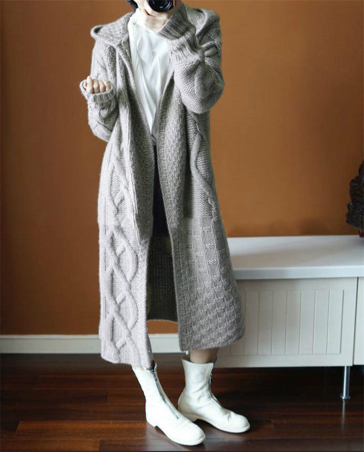 Damen Langer Strickmantel mit Kapuze und Kabelmuster Drune