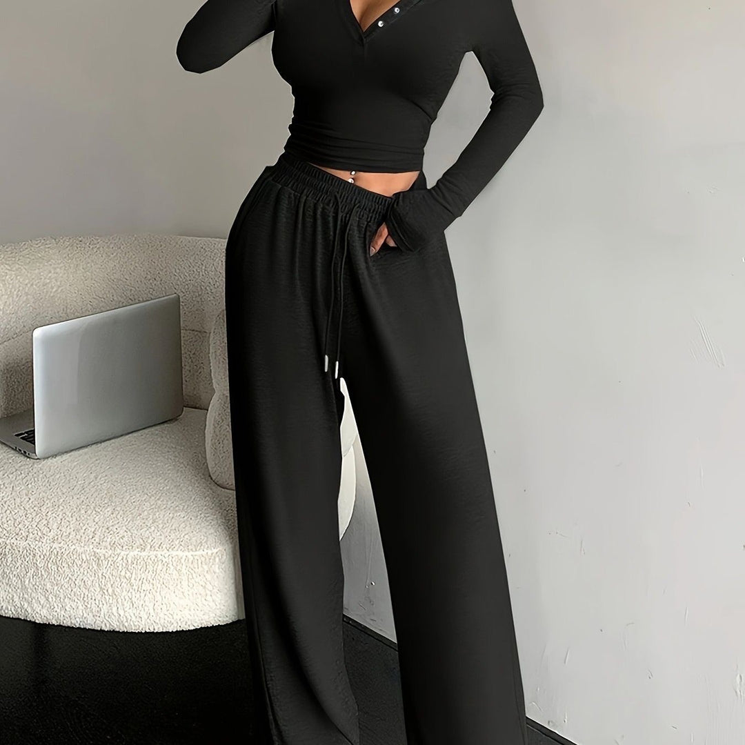 Damen lässiges Lounge-Set mit Knopfdetails und elastischem Bund Drune