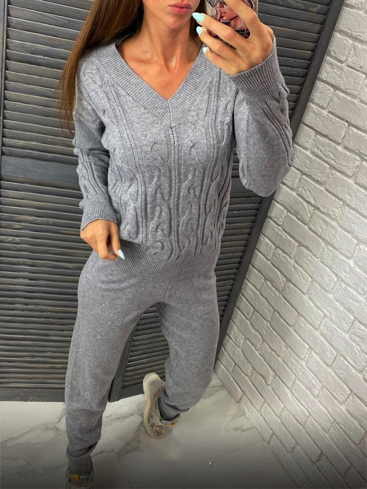 Damen Strickpullover und Jogginghose Set mit Zopfmuster Drune