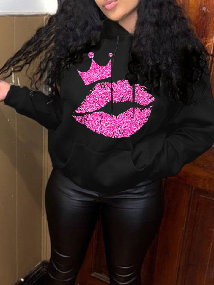 Damen Kapuzensweatshirt mit auffälligem Lippenmotiv und Krone Drune