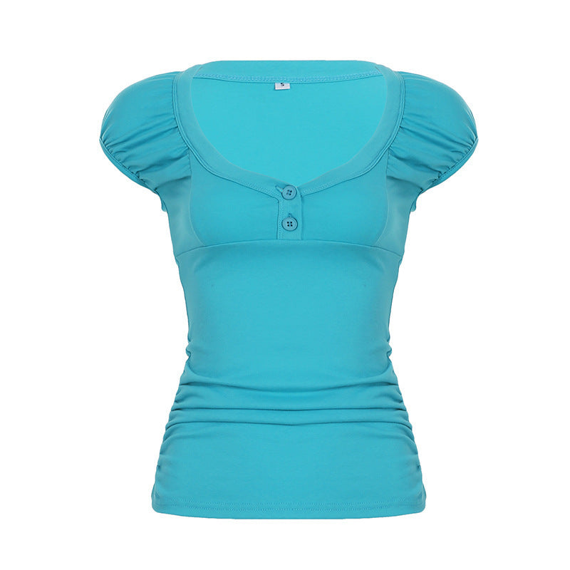 Damen figurbetontes Kurzarmshirt mit Puffärmeln und geschlossenen Knöpfen Drune