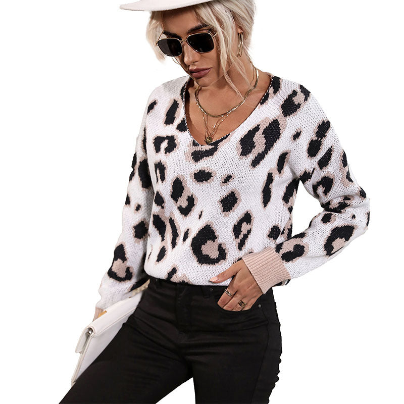 Damen modischer Strickpullover mit Leopardendruck Drune
