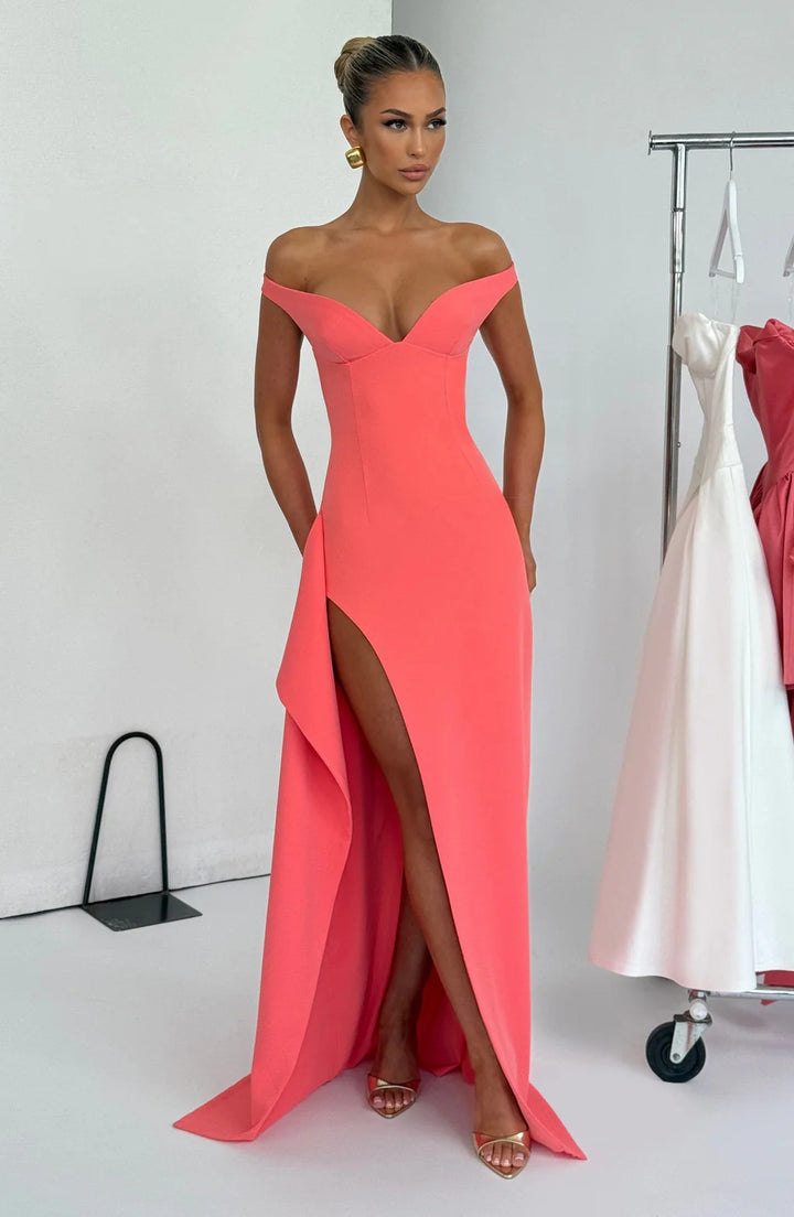 Damen Elegantes Maxikleid mit schulterfreiem Design und hohem Schlitz Drune