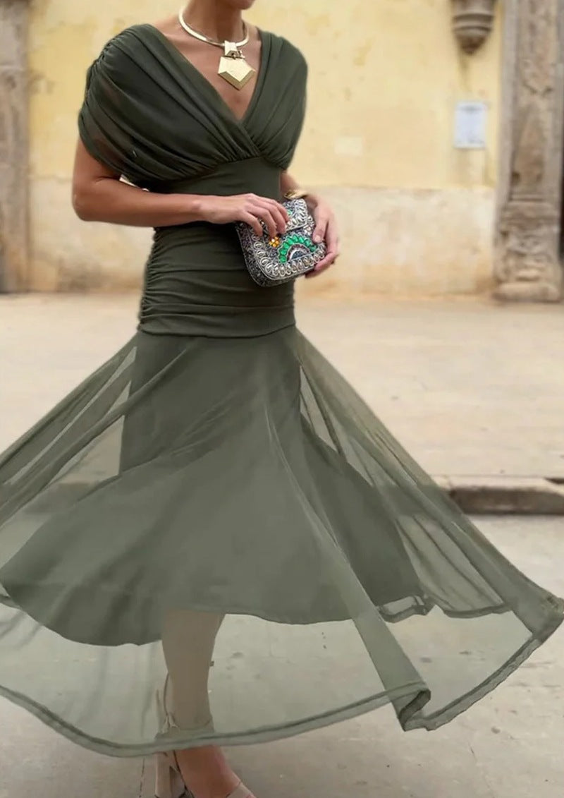 Damen nan fließendes Abendkleid mit transparentem Chiffon-Capelet, V-Ausschnitt und taillierter Drapierung Drune