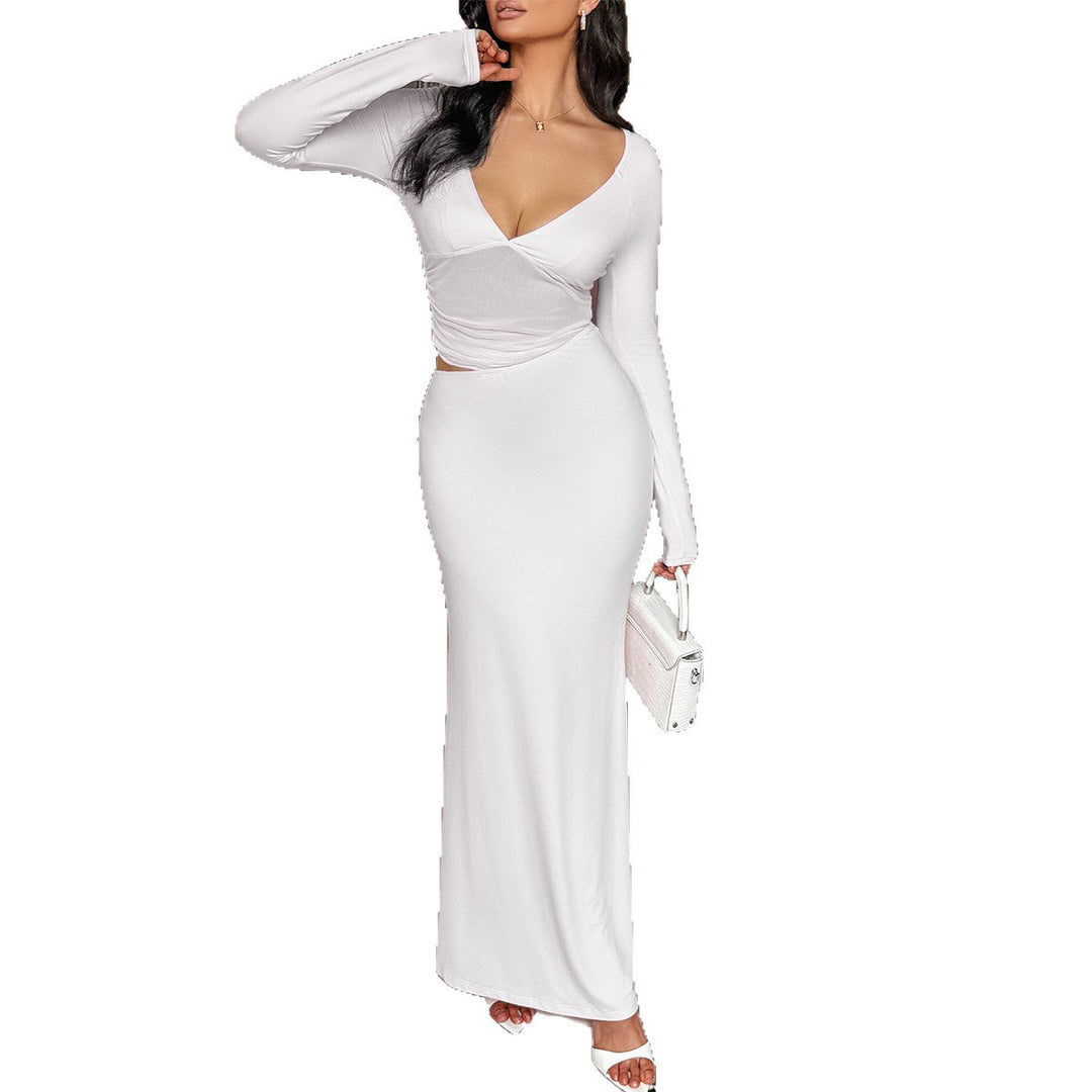 Damen nan tailliertes Maxikleid mit tiefem V‑Ausschnitt, seitlichem Cut‑Out und figurbetonter Stretch‑Silhouette Drune