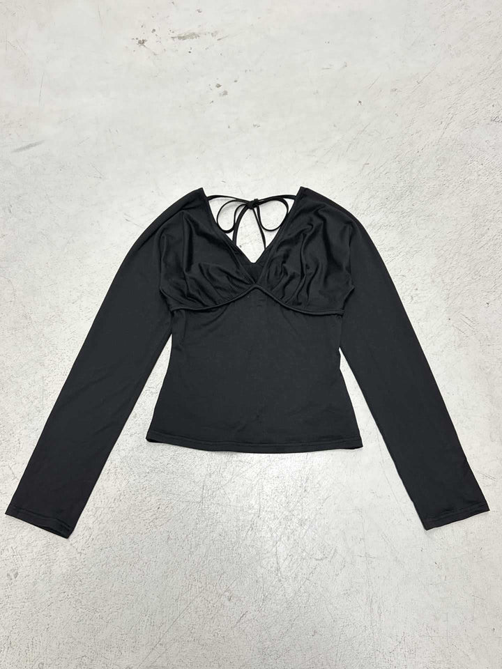 Damen nan figurbetontes Langarm-Top mit tiefem V-Ausschnitt, Nackenband zum Binden und taillierter Silhouette Drune