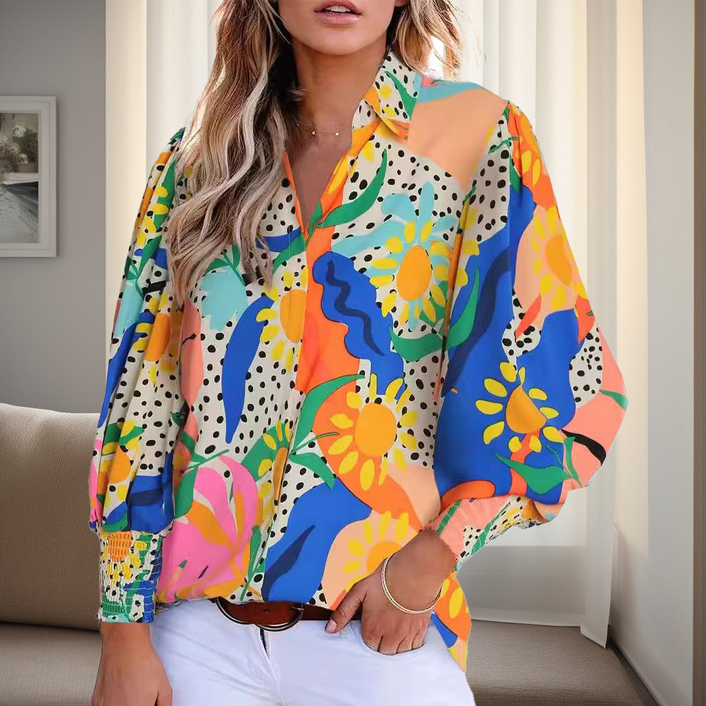 Damen Hemdbluse im lebhaften Blumendesign mit überschnittenen Schultern und elastischen Bündchen Drune