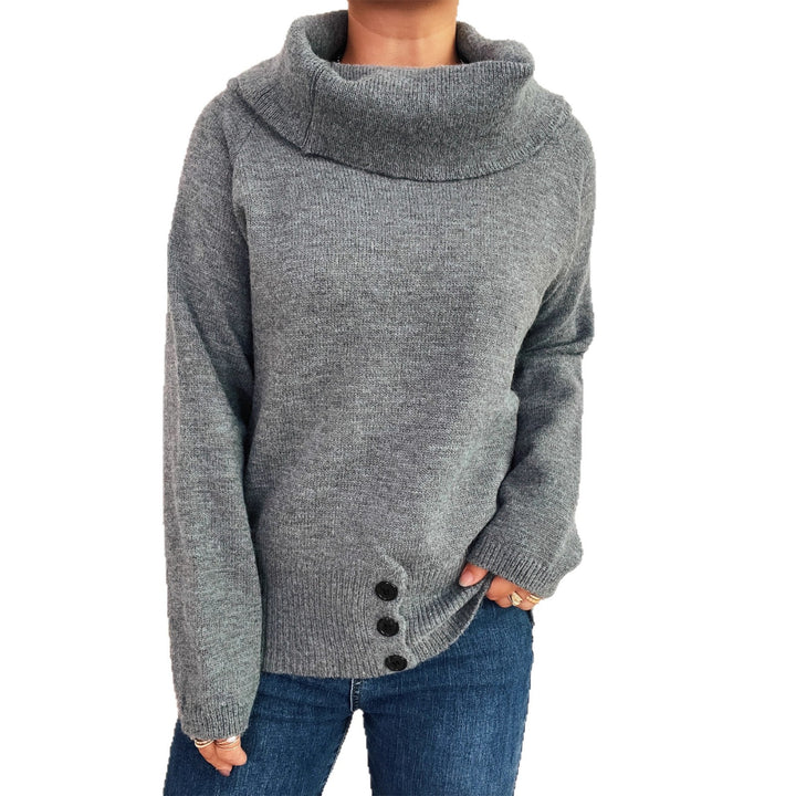 Damen Pullover mit weichem Kragen und dekorativen Knöpfen Drune