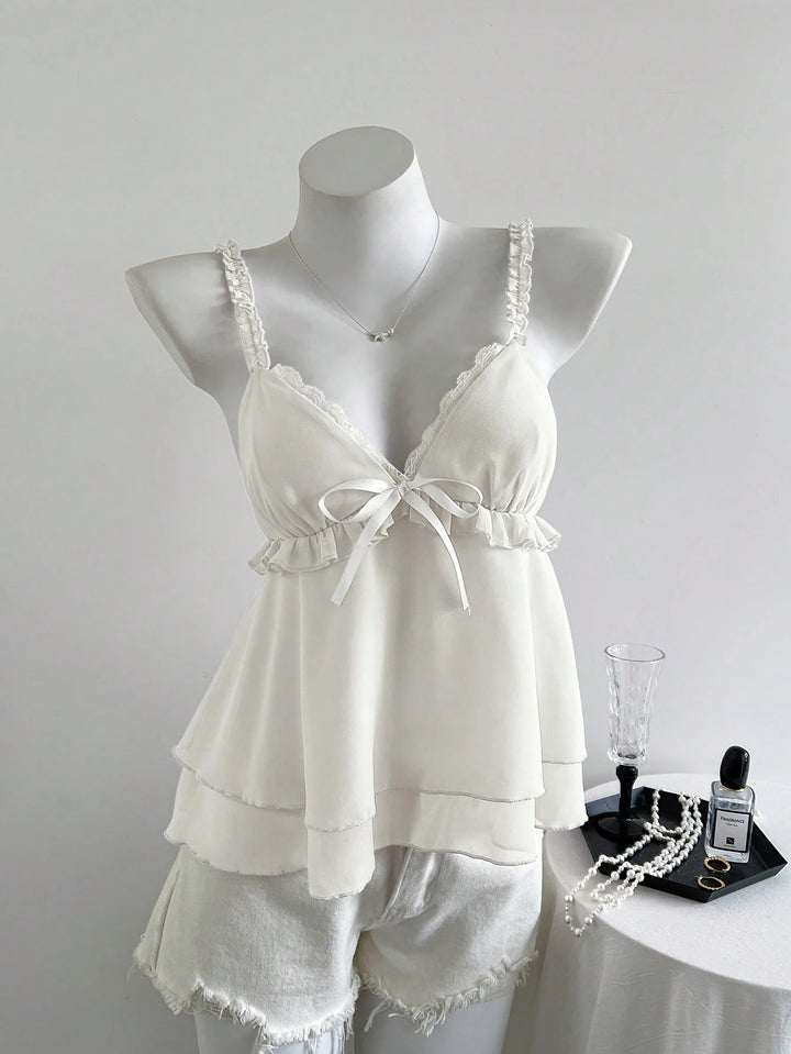Damen lässiges Top mit Rüschendetails und Schleifenakzent Drune