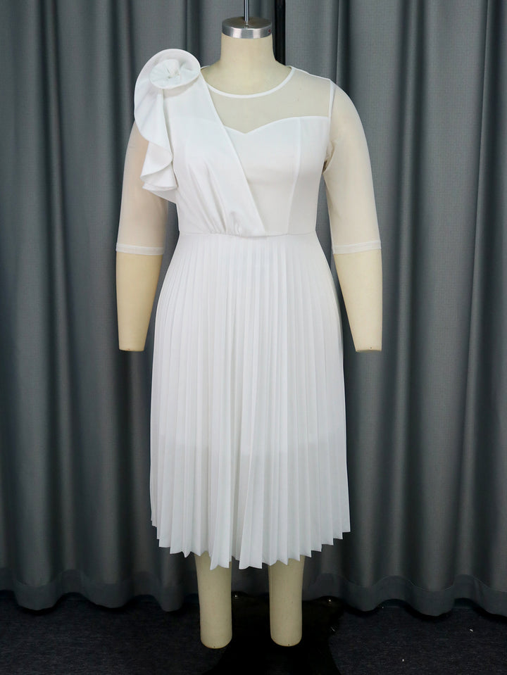 Damen elegantes Plissee-Kleid mit asymmetrischem Design und floralen Akzent Drune