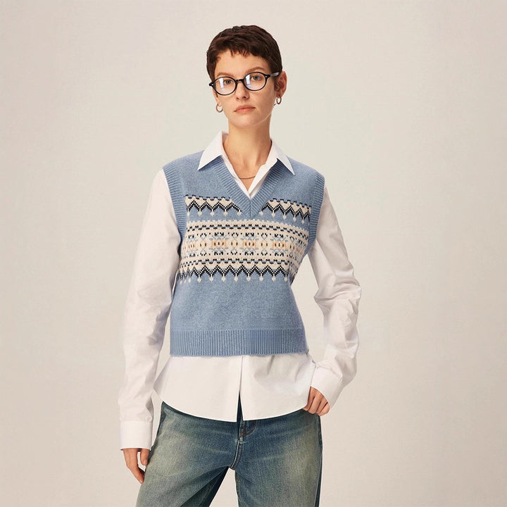 Damen modischer Strickpullover mit V-Ausschnitt und geometrischem Muster Drune